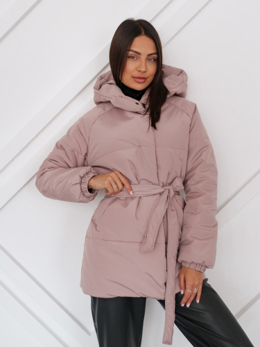 Полупальто женское зимнее с капюшоном, бежево-розовое